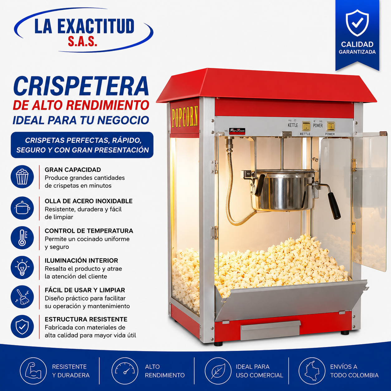 Crispetera industrial 8 oz para producción de palomitas de maíz en negocios comerciales y gastronómicos de Colombia