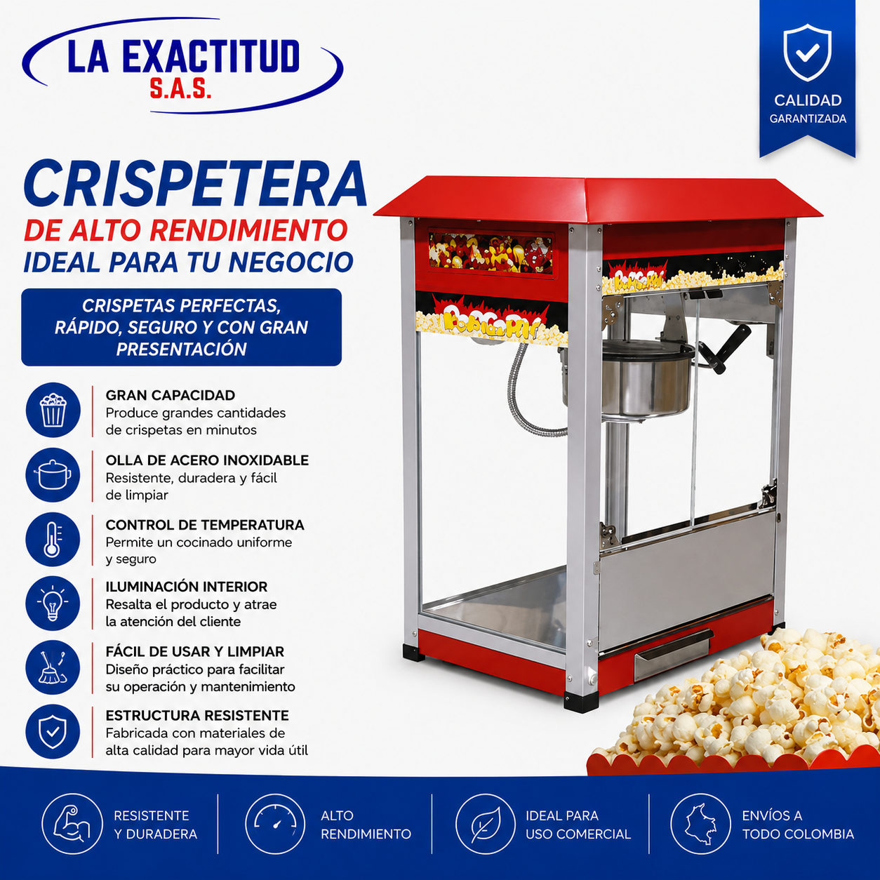 Crispetera industrial 8 oz para producción de palomitas de maíz en negocios comerciales y gastronómicos de Colombia