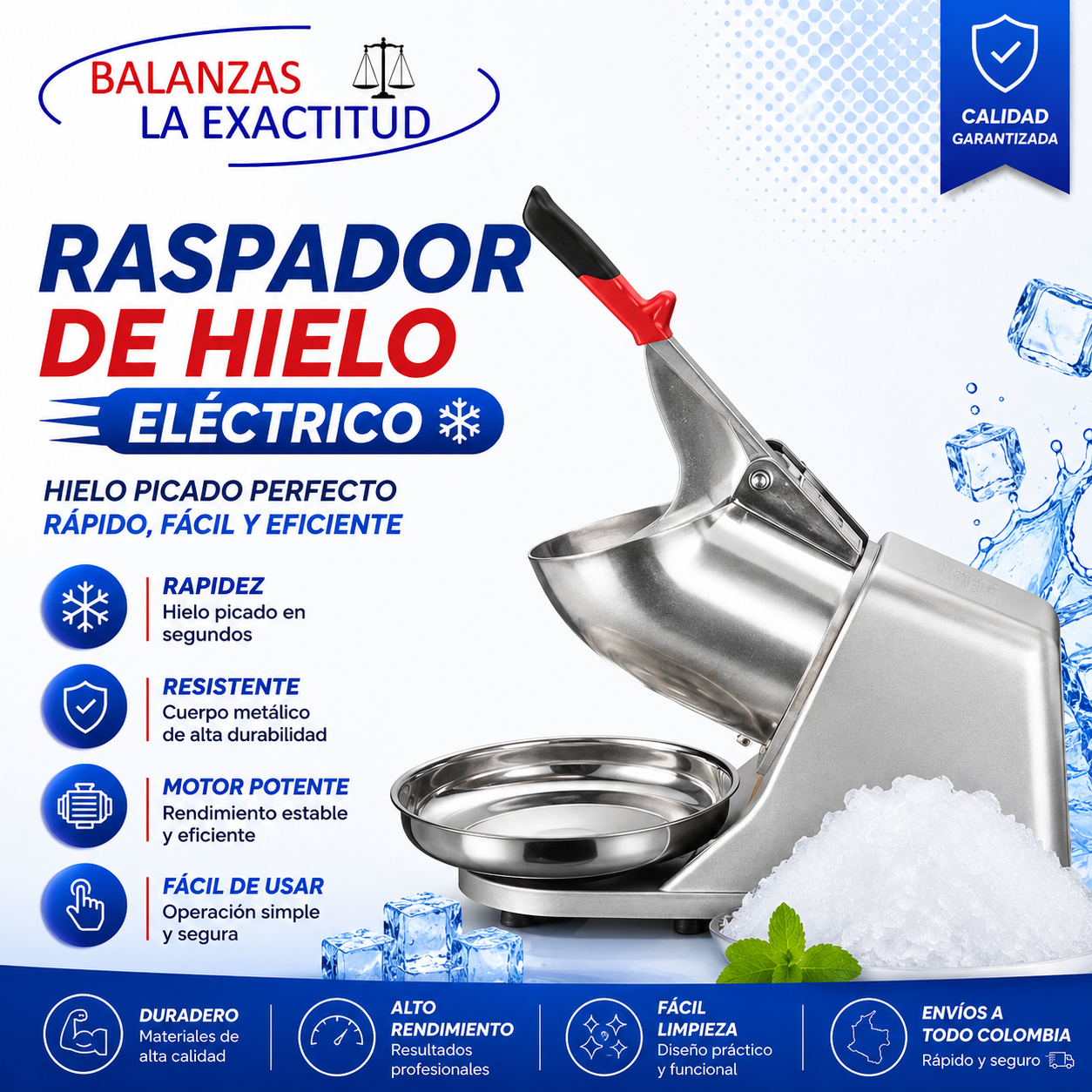 Raspador de hielo eléctrico industrial de 350W con capacidad de trituración de 65 kg por hora para negocios gastronómicos en Colombia