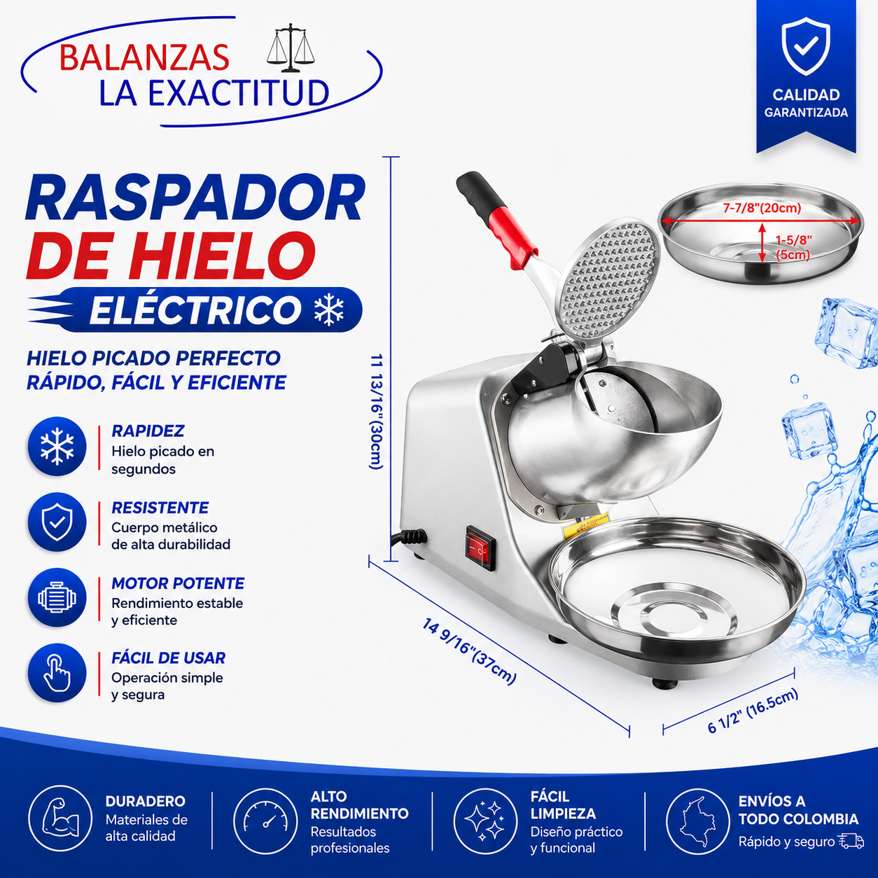 Raspador de hielo eléctrico industrial de 350W con capacidad de trituración de 65 kg por hora para negocios gastronómicos en Colombia