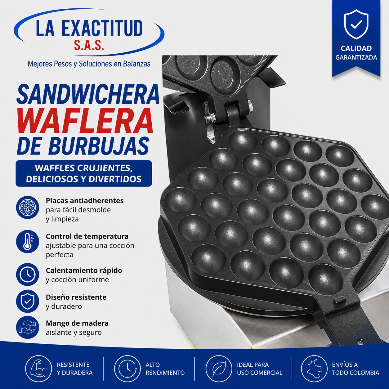 Sandwichera Waflera de Burbujas Industrial en acero inoxidable para preparación de bubble waffles en Colombia