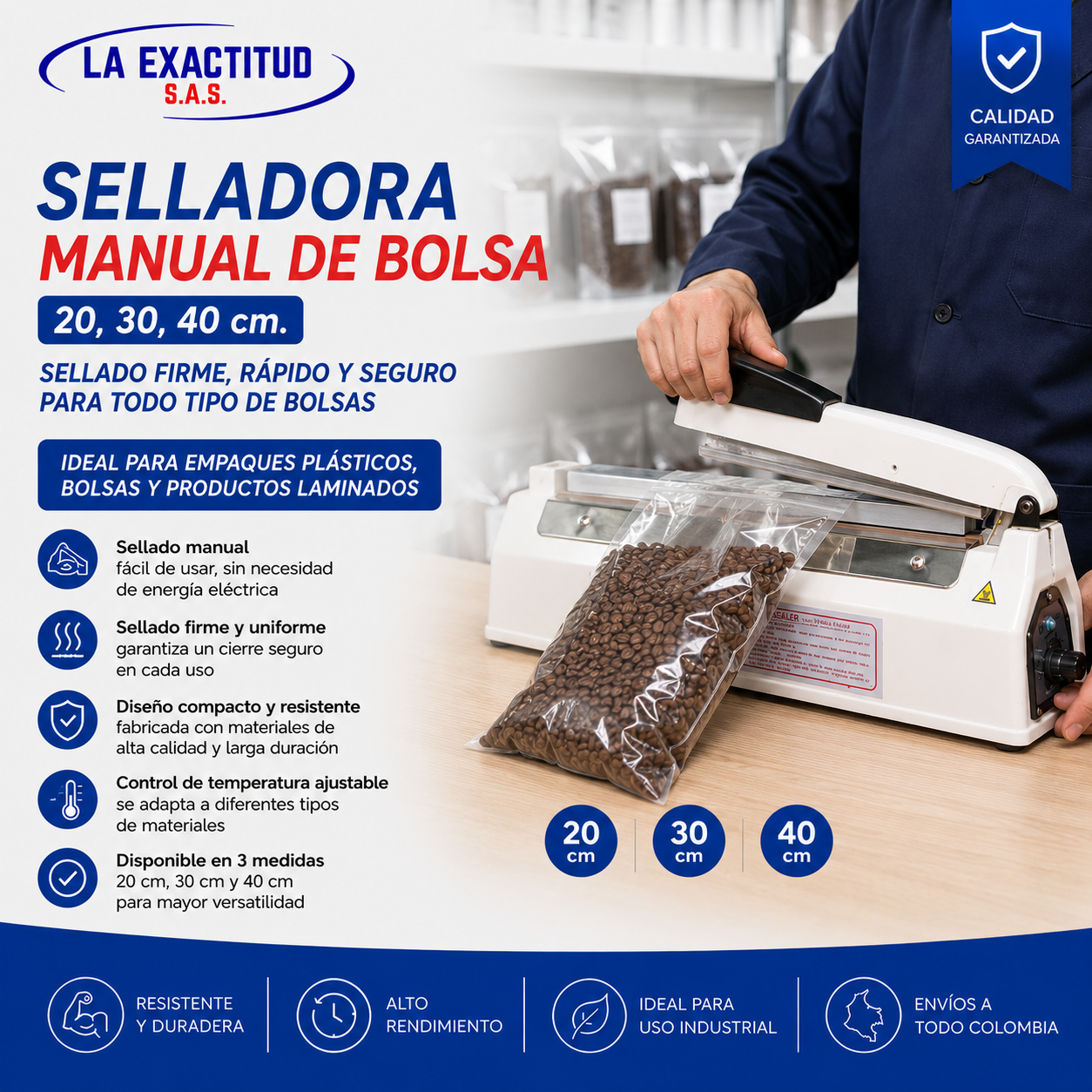 Selladora manual de bolsa disponible en 20 cm 30 cm y 40 cm para polipropileno y polietileno