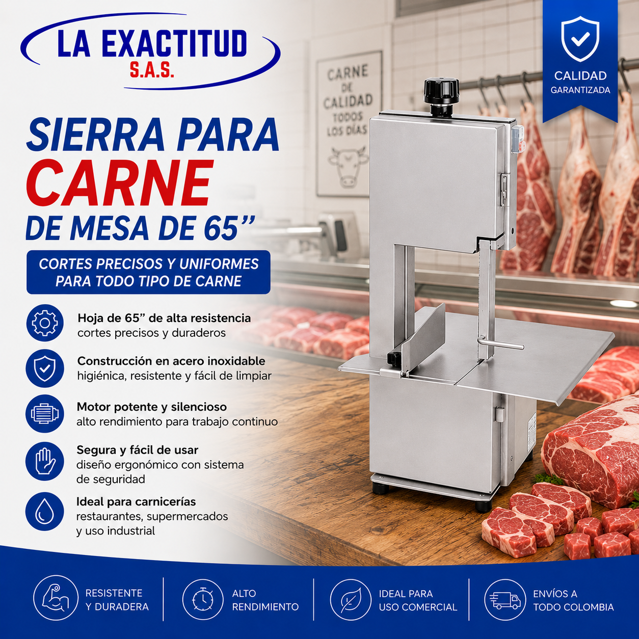 Sierra para Carne de Mesa de 65 pulgadas en acero inoxidable para corte de carne con hueso y carne congelada