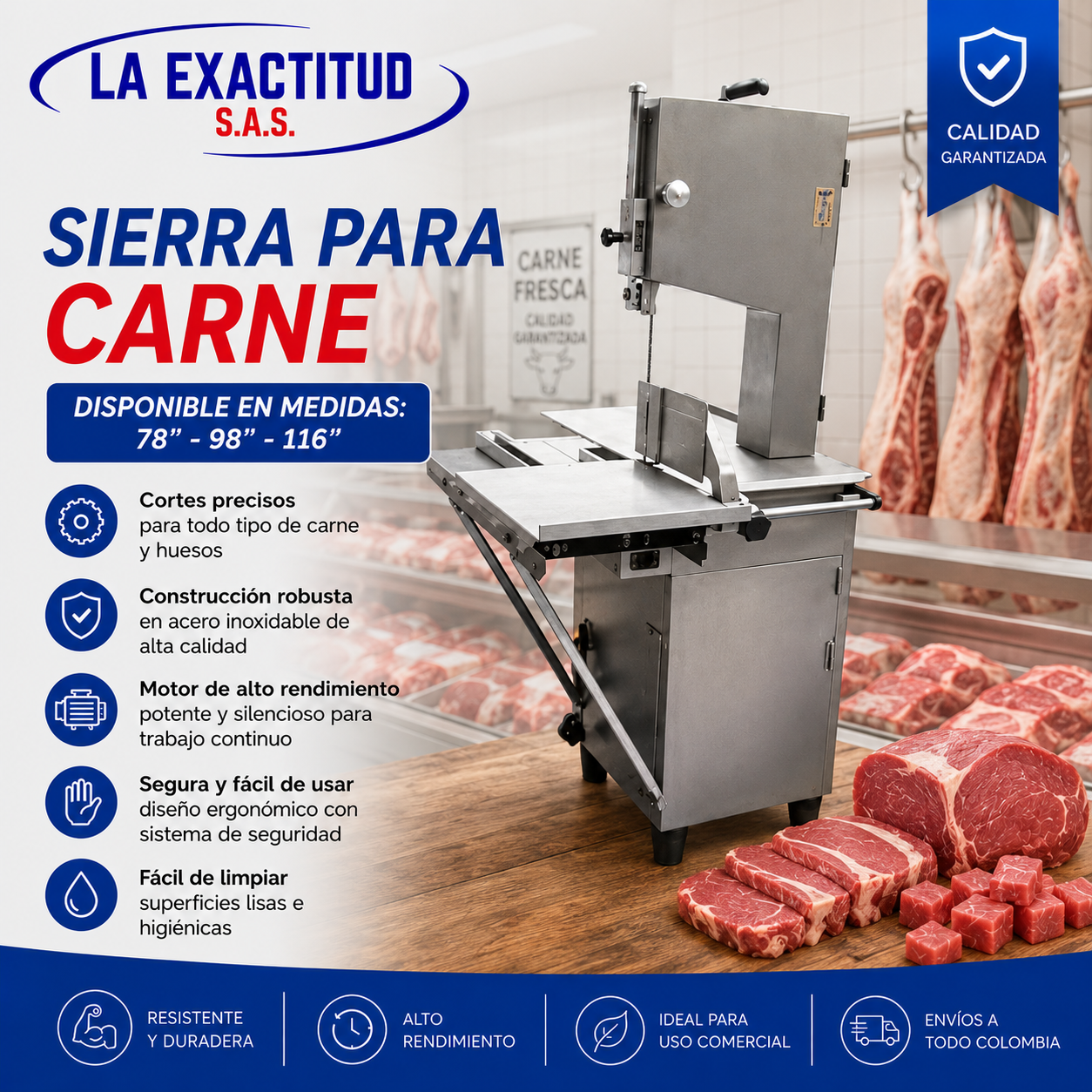Sierra para Carne Industrial en acero inoxidable para corte de carne con hueso y carne congelada en Colombia