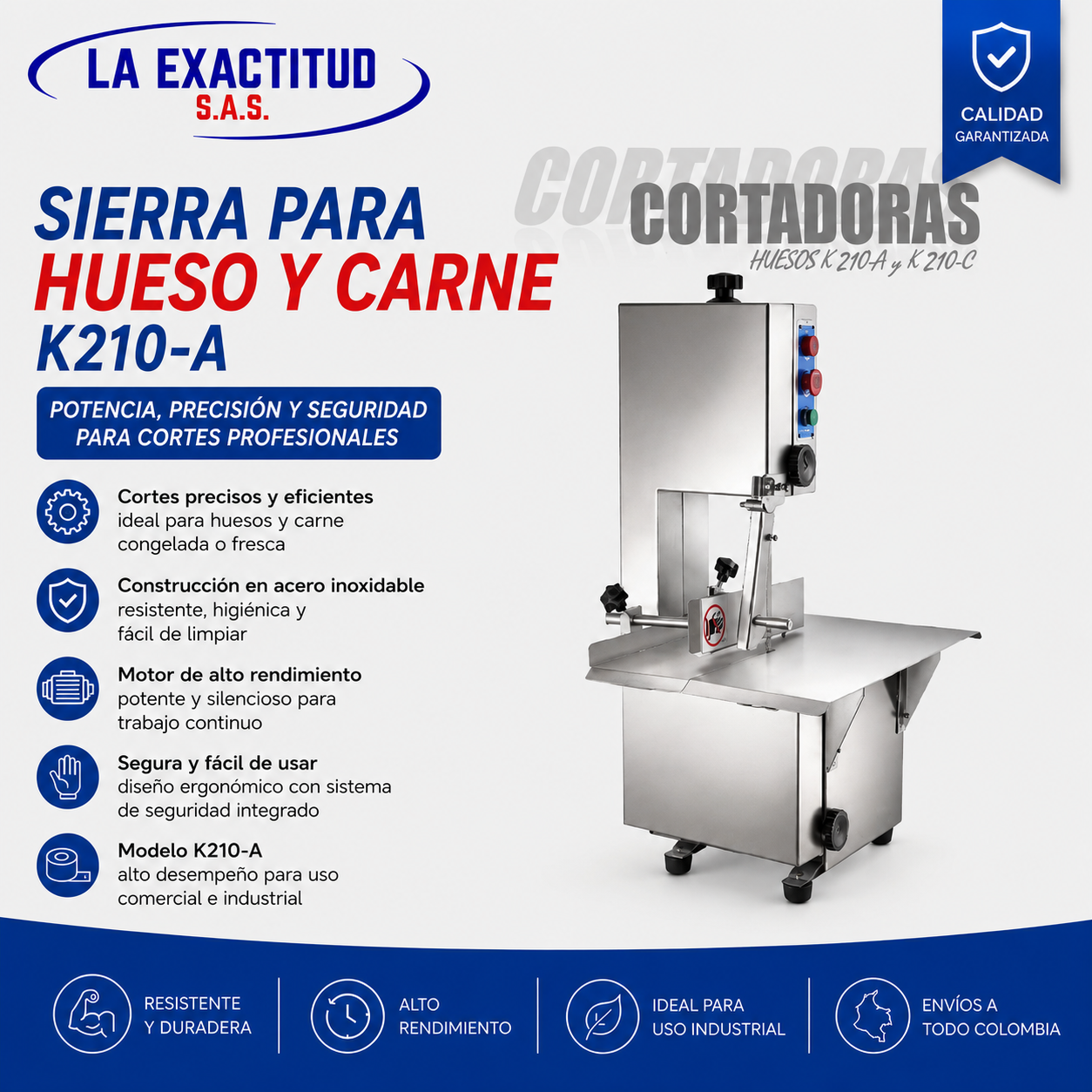 Sierra para Hueso y Carne K210-A fabricada en acero inoxidable para corte profesional de carne con hueso y carne congelada