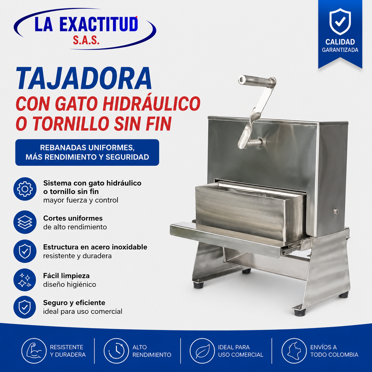 Tajadora con gato hidráulico o tornillo sin fin para queso doble crema con cortes precisos y uniformes